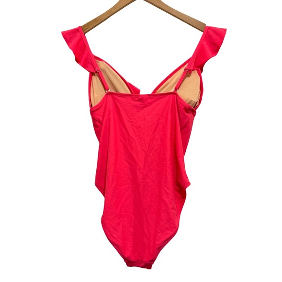 J.Crew Women's Medium Pink Ruffle V-Neck One-Piece Swimsuit Adjustable Straps - Picture 2 of 4